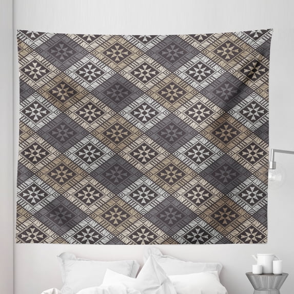 Abstract Tapestry, Embellishment of Ethnic Traditional Structures, Fabric Wall Hanging Decor for Bedroom Living Room Dorm, 5 Sizes, Dimgray Grey, by Ambesonne