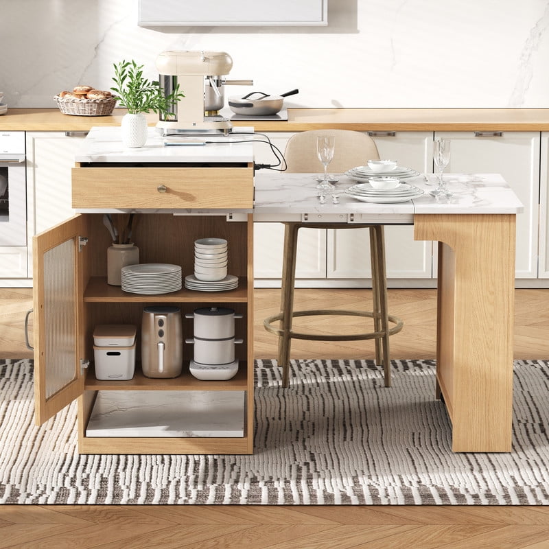 Bellemave 60" Kitchen Island with Extendable Dining Table and Power Outlet, Mobile Kitchen Storage Islands with 2 Storage Drawers, Rolling Islands Cart with Extra Rows Open Shelves（Natural)