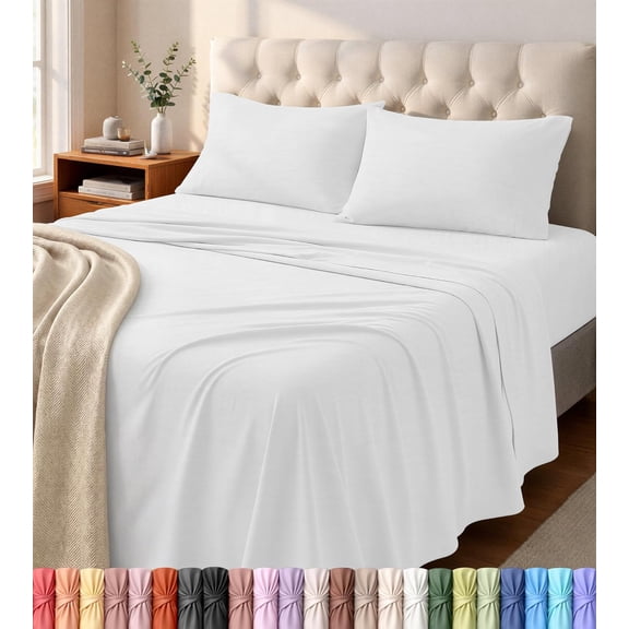 Jersey Knit 4 Piece Sheet Set Queen Size White Cotton Blend Stretchable Fitted Sheet with 15 Inch Pocket