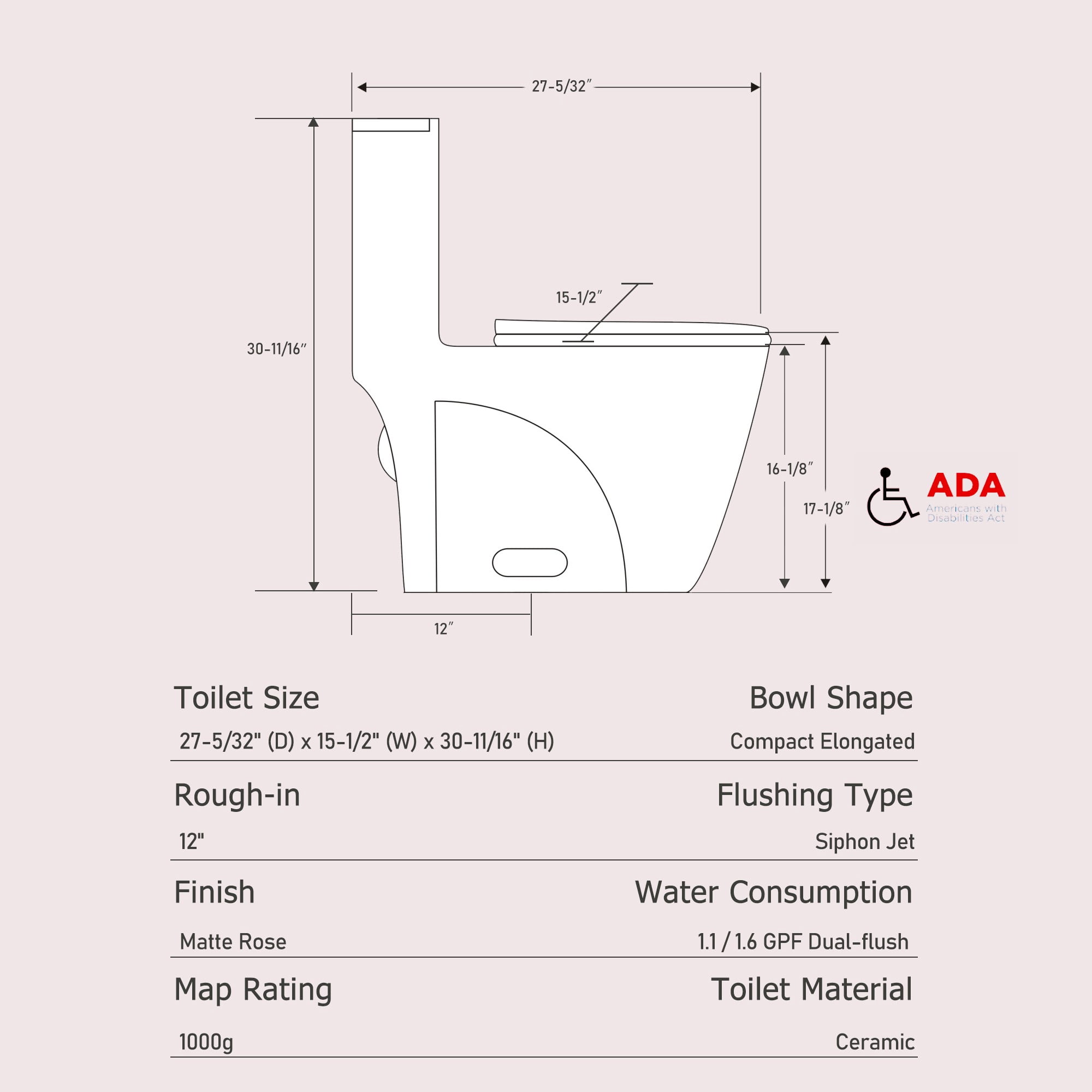1.1/1.60 GPF Dual-Flush One Piece Toilet, Water-Saving Elongated Comfort Height Floor Mounted, Soft Close Seat,Rose