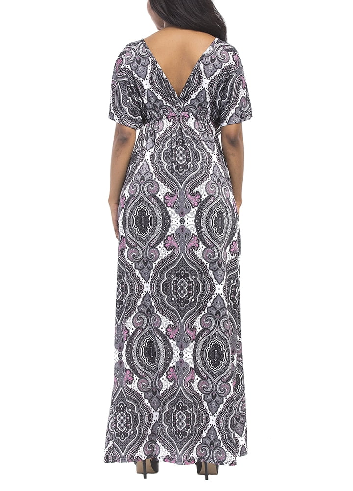 long sleeve plunge vintage print maxi dress