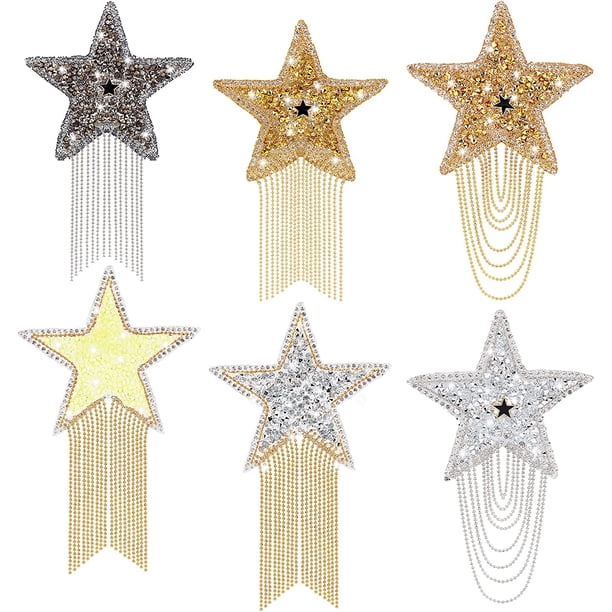 Parches termoadhesivos de estrellas de 6 colores, parches de diamantes de imitación para ropa, apliques de estrellas brillantes, parche termoadhesivo de estrella con borlas de moda y cadenas.