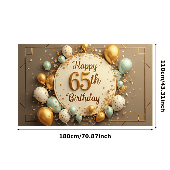 Golden Theme 65th Birthday Banner Festive Decoration Balloon Design Party Backdrop for Senior Celebration Event Indoor Setup