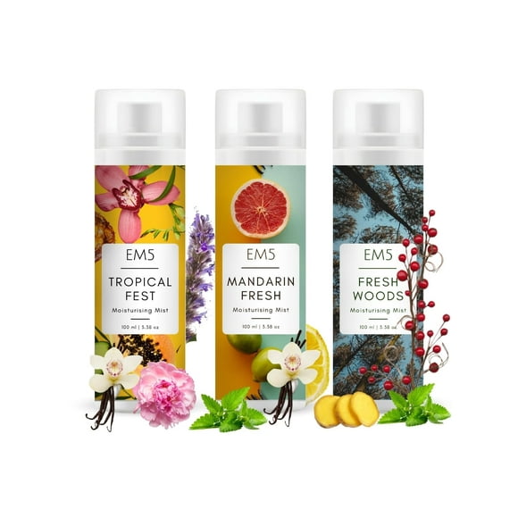 EM5 Moisturizing Mist For Men & Women Set Of 3X 100ml - 3.4 Fl.oz. Each | Tropical Fest+ Mandarin Fresh+ Fresh Woods | Long Lasting, Moisturizing & Hydrating Body Mist With Aloe Vera & Vitamin E