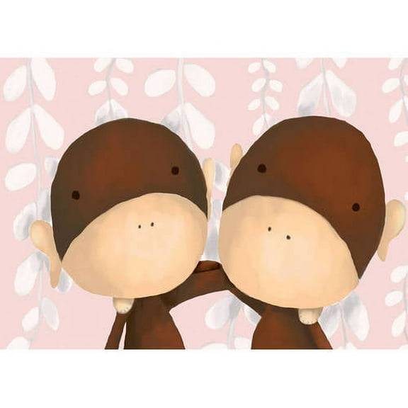 Oopsy daisy Two of a Kind Monkeys, Pink Stretched Canvas Wall Art by Meghann O'Hara, 14 by 10-Inch