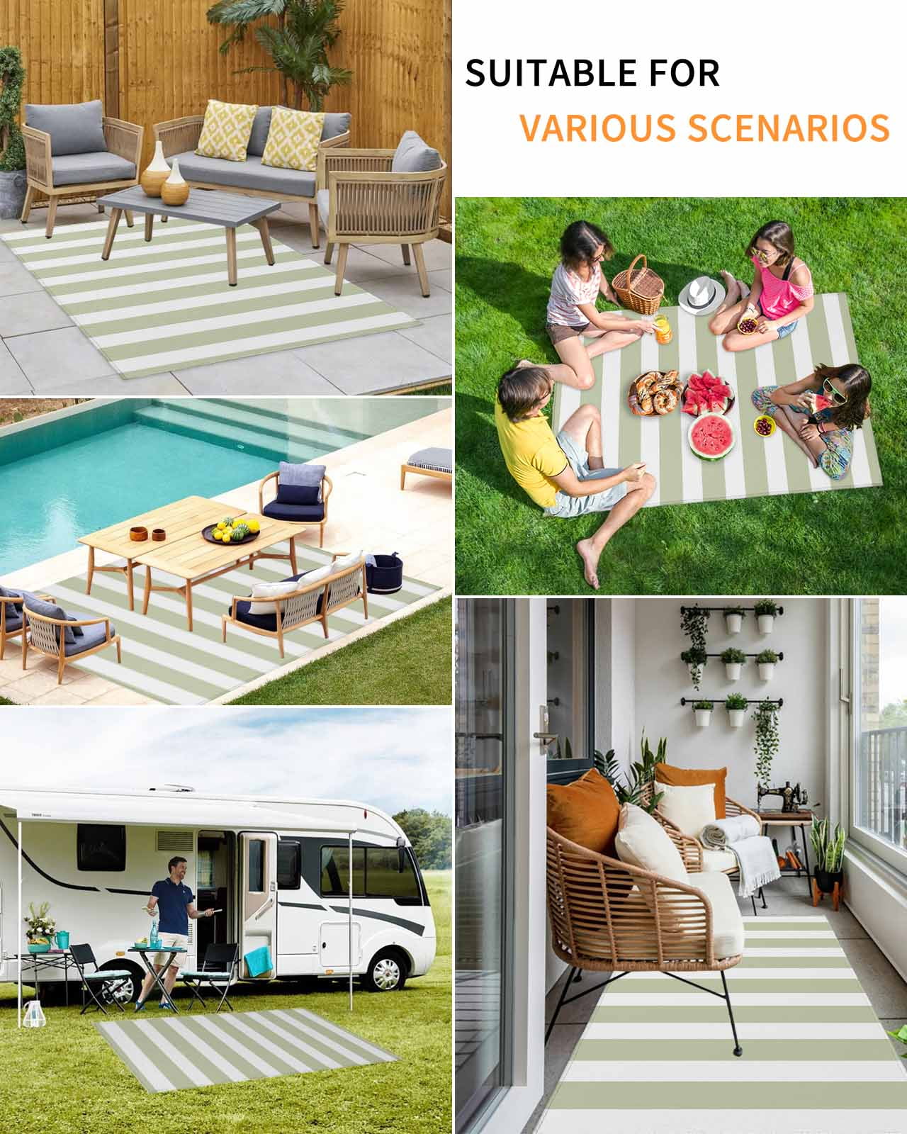 Outdoor Rug 4x6 ft Sage Green White Geometric Stripes Waterproof Outdoor Patio Rug Mat Non Slip Outside Area Rugs Carpet for RV,Camping,Porch,Deck,Pool,Balconybackyard,Minimalist Modern Art