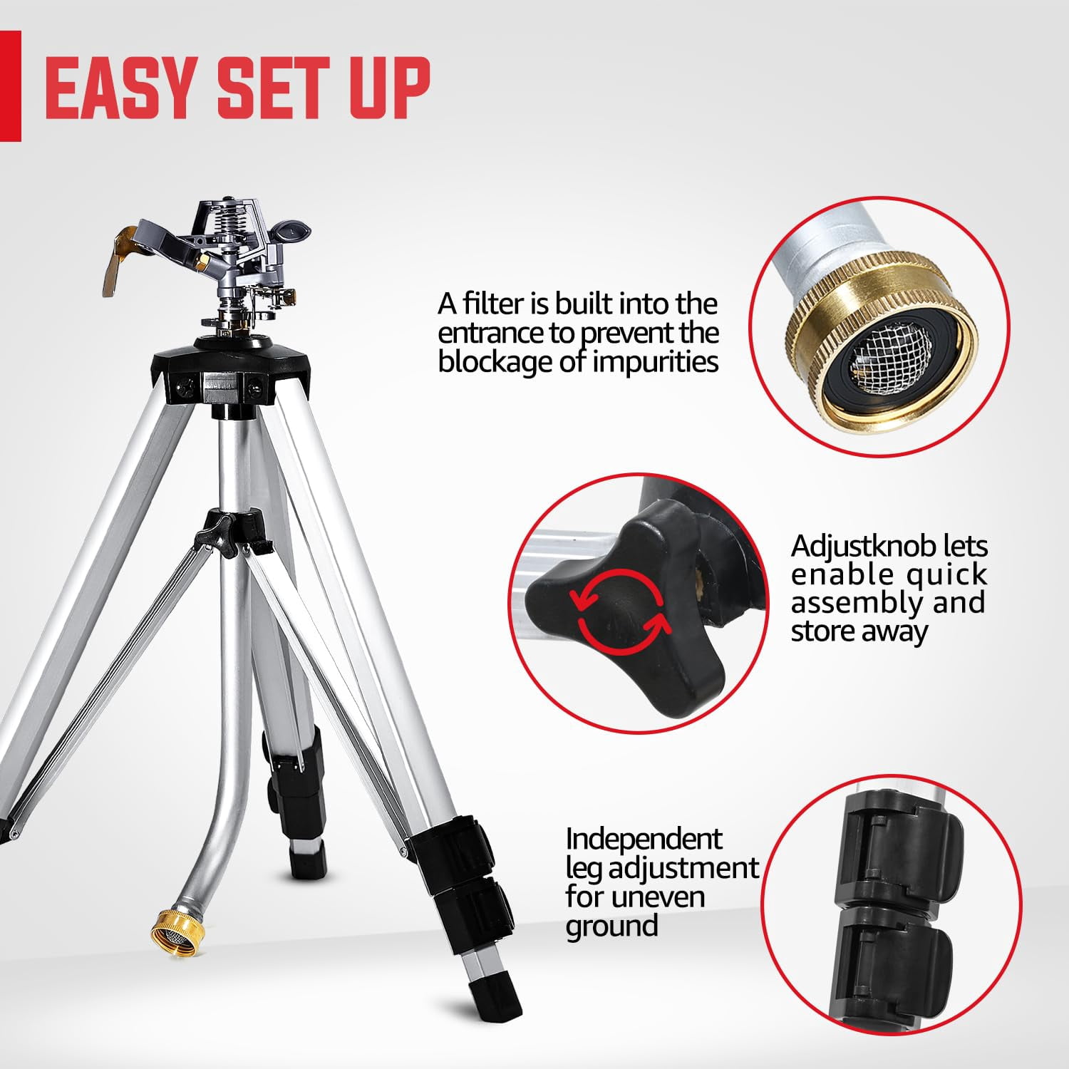 Impact Sprinkler On Adjustable Tripod Base  360 Degree Large Area Heavy Duty Pulsator For Lawn Yard And Grass Irrigation Spray Up To 20-90ft(36inch)
