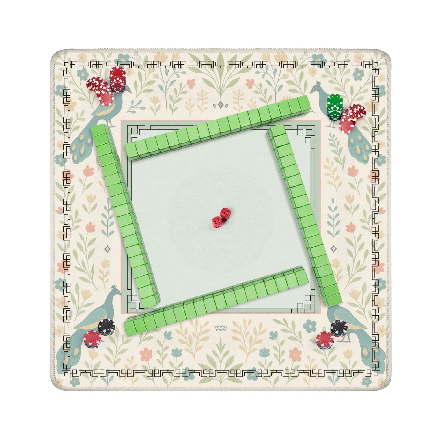 Mahjong Mat 31.5" x 31.5" Elegant Floral Border Peacocks Soft Pastel Colors Anti-Slip and Noise Reduction Symmetry Design Mahjong Tiles Table Cover for Dominoes Poker Card Board and Tile Games