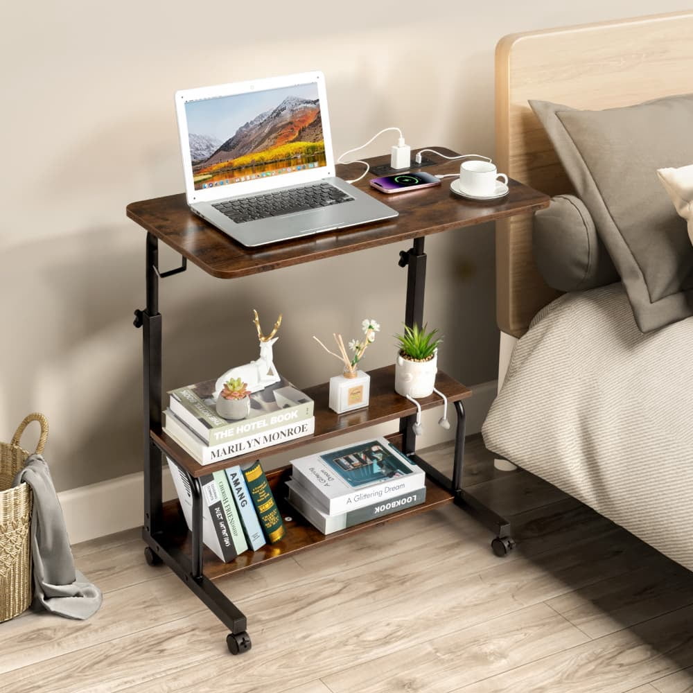 Hassch Portable Rolling Desk with Charging Station on Wheels, 26.4"-41.5" Height Adjustable Computer Desk with Storage Shelves for Home Office, Portable Writing Desk for Small Space, Brown