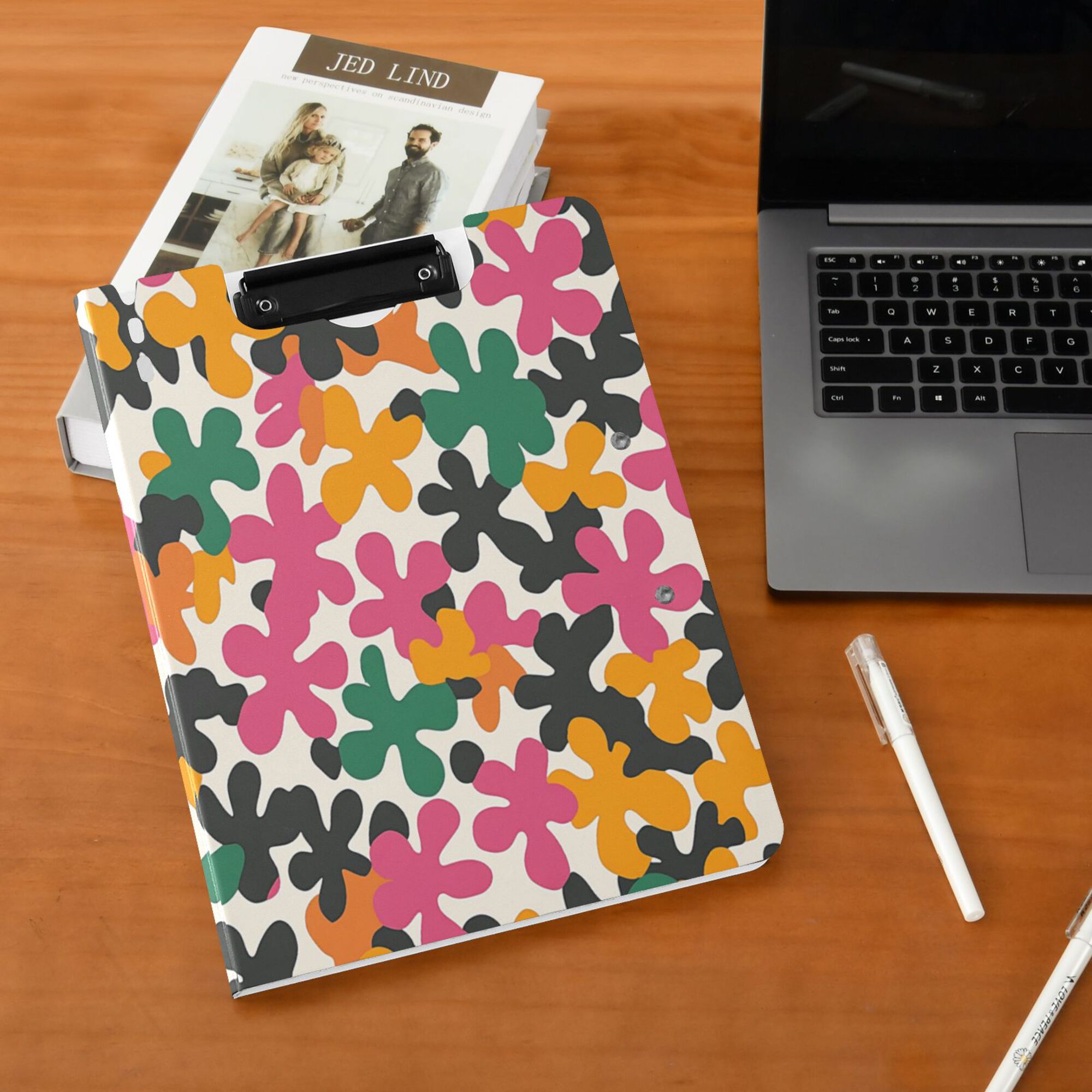 FORMRS A4 Clipboard Folder with Pen Holder Horizontal Foldable School Office Binder, Pink Floral Blooms