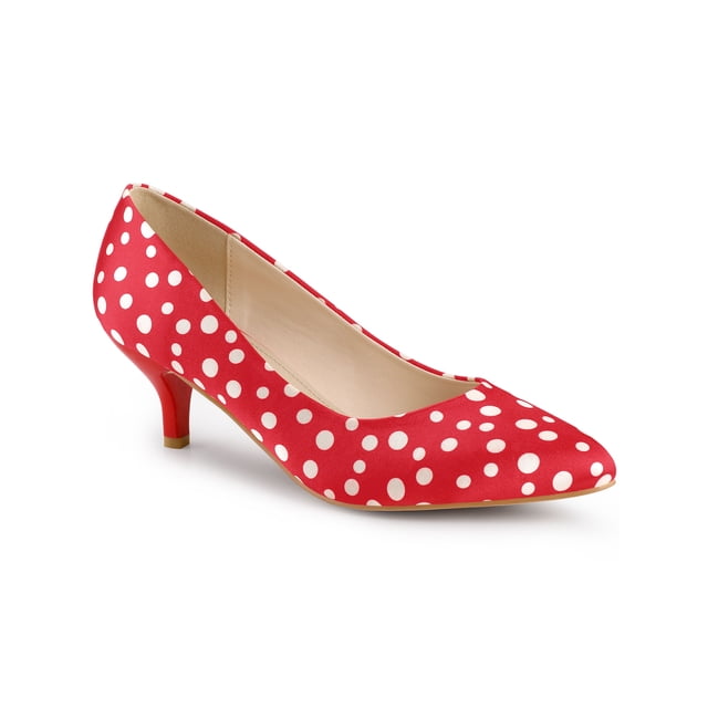 BLISSFUL STEP Women's Shoes Polka Dot Kitten Heel Pumps Pointed Toe Slip-on Heels Red 8.5