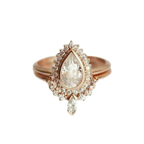 HeartsAndYou 2ct Pear Cut Moissanite Engagement Ring for Women 18k Rose Gold Over Silver Halo Curved Bridal Set Stylish