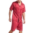 thumbnail image 4 of SWSMCLT Men's 2 Piece Satin Pajama Set Lightweight Soft Fall Button Spring Silk Silky Lounge Set Short Sleeve Pj Set Rouge Noir Medium, 4 of 4