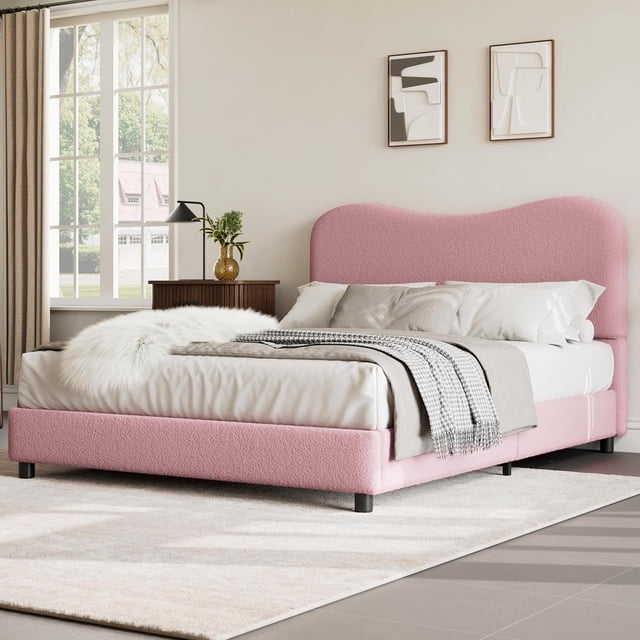 Eastvita Pink Full Size Upholstered Bed Frame with Low - Profile Platform/Rounded Corners/Wooden Slats/Noise - Free Design (No Box Spring Needed)