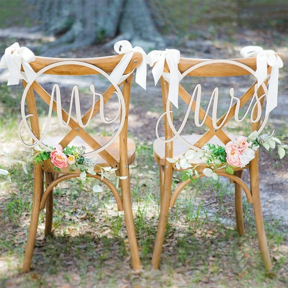 Kojooin 1 Pair Creative MR & MRS Wooden Chair Back with Ribbon for Wedding Party Decoration