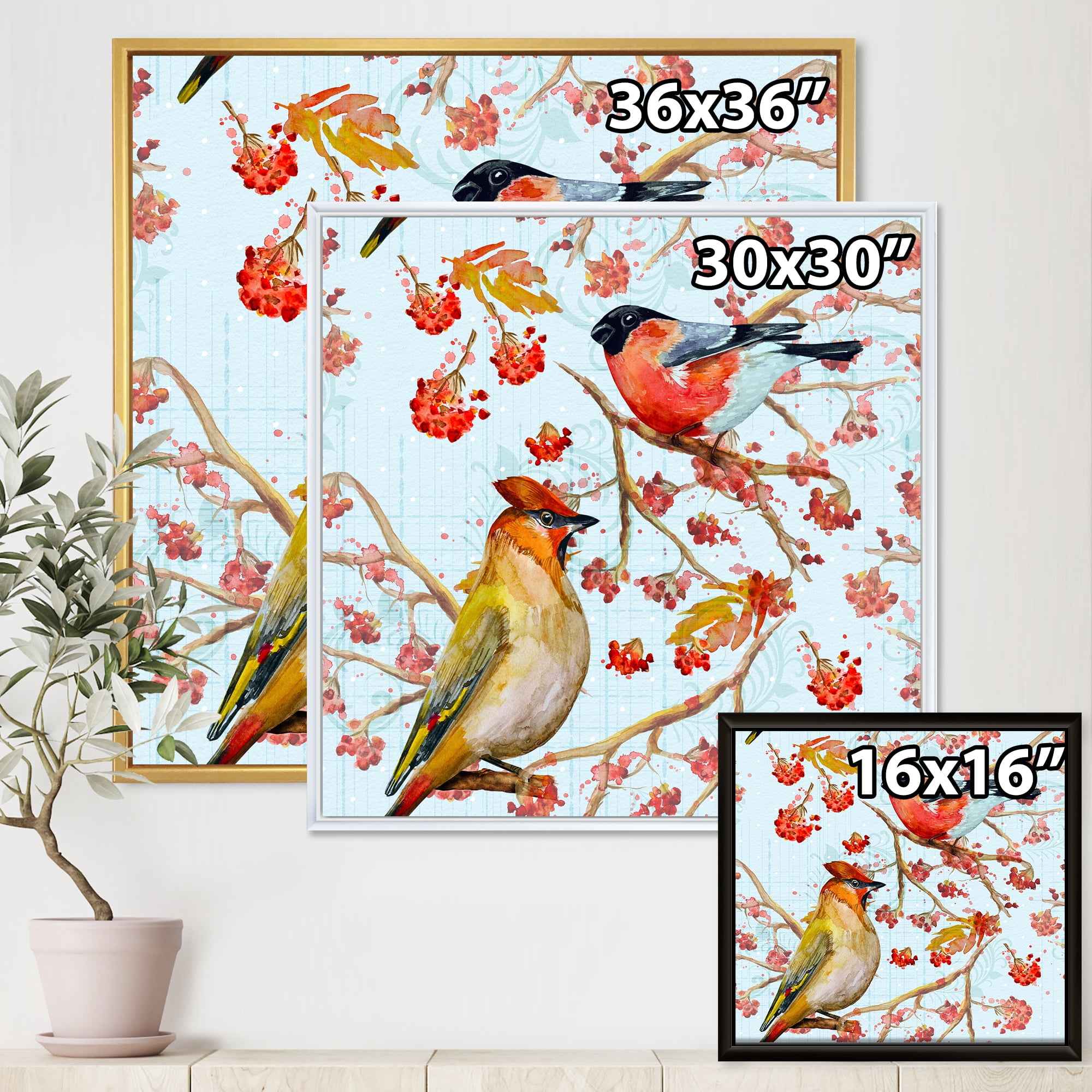 Designart 'Two Birds Sitting On Branches During Autumn' Traditional Framed Canvas Wall Art Print