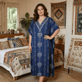 thumbnail image 3 of Oussum Kaftan Dresses for Women Tribal Navy Blue Maxi Dress, Polyester V-Neck Kimono 3/4 Sleeve Poolside Wear, One Size 1X–3X, 3 of 5