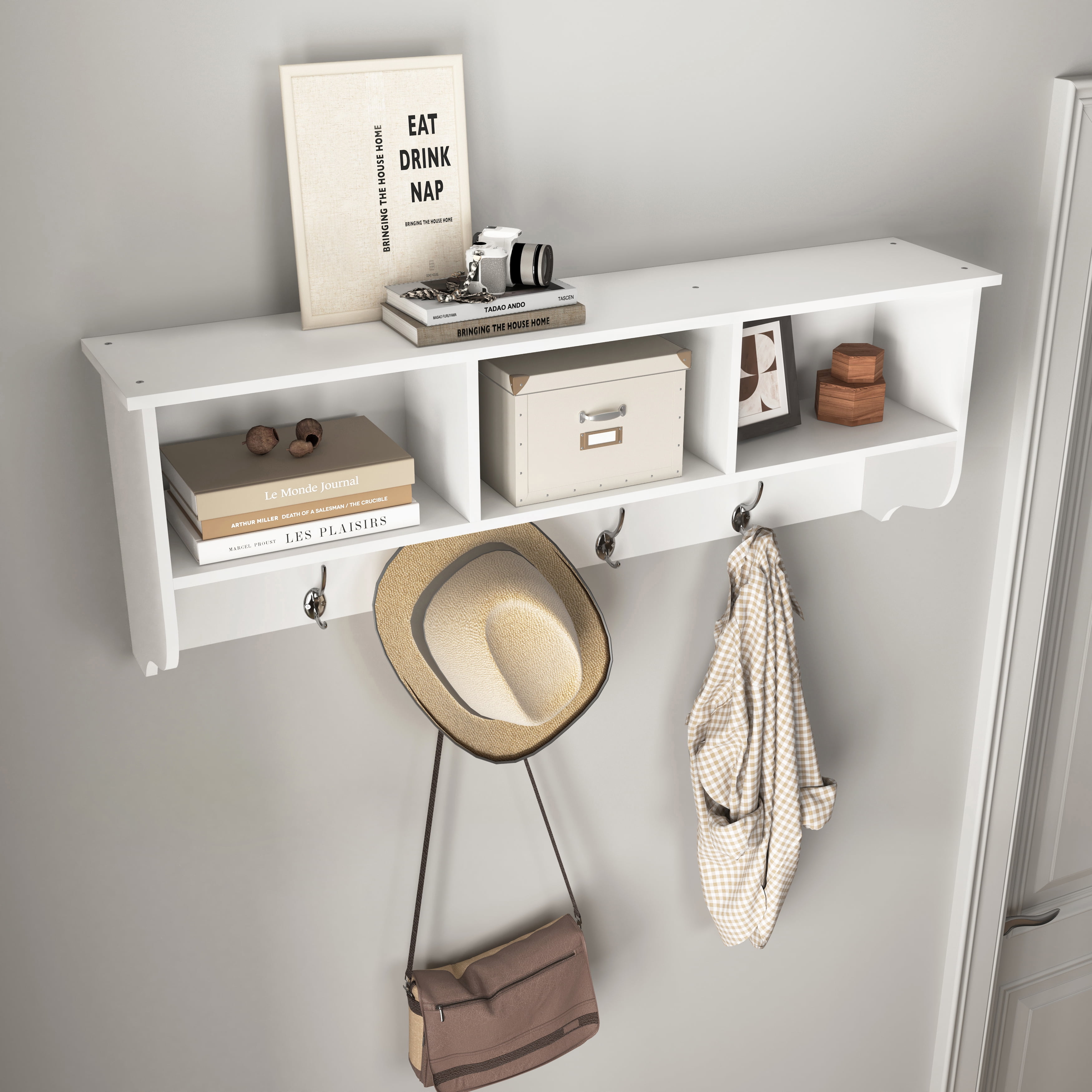 Wall Mounted Entryway Cabinet 38.58x7.87x13.78 Inch MDF with 4 Hooks Storage Shelf for Hallway Living Room