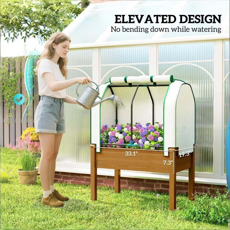 Outdoor Planter Box Convenient Raised Garden Bed with Legs Retractable PE Cover Brown Fir Wood Steel Frame Drainage Holes Breathable Fabric for Vegetables Herbs Flowers