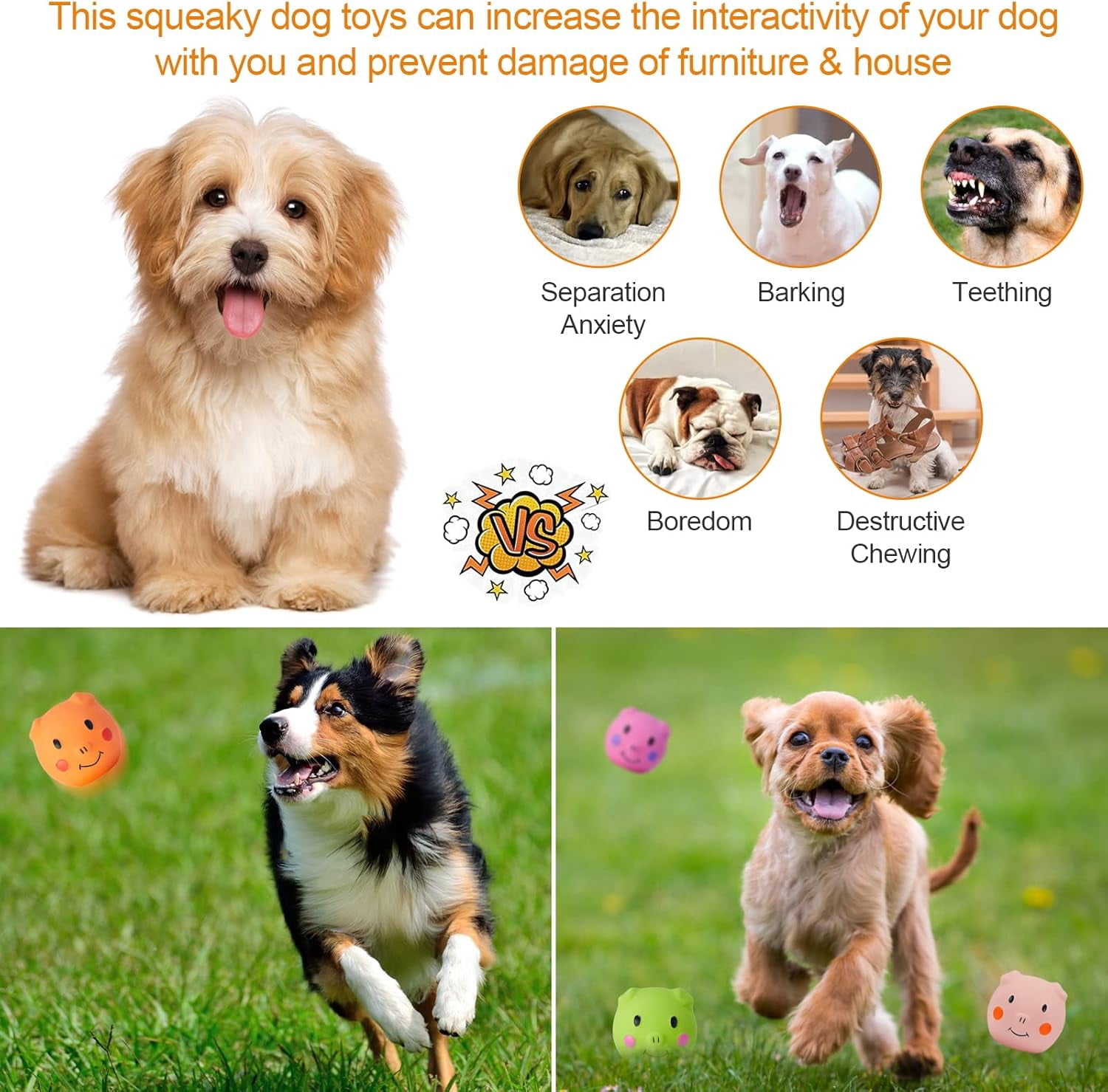Squeaky Dog Toy Dog Squeaky Toys Chewing Durable Teething Latex Rubber Soft Interactive Fetch Play Dog Balls with Funny Piggy Face for Puppy Small Medium Pet Dog (6PCS)