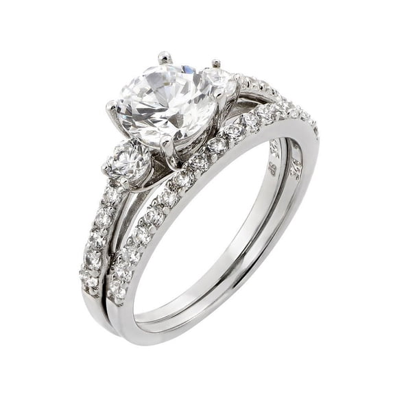 Prong Set Clear Cubic Zirconia Present Past Future Two Piece Ring Rhodium Plated Sterling Silver Size 7