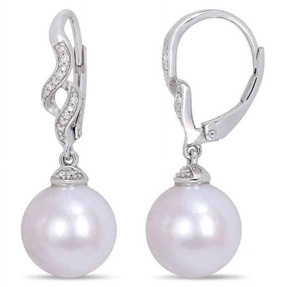 AMOUR 11-12mm Cultured Freshwater White Pearl and Diamond Twist Drop Leverback Pearl Earrings In Sterling Silver