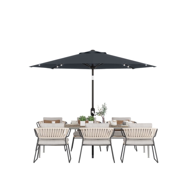 Solar LED Patio Umbrella 10FT – 8-Rib Windproof, Solar Lights, Waterproof, UV & Fade Resistant, Tilt Crank, Outdoor Market Table Shade for Garden, Pool, Deck, Backyard – Grey