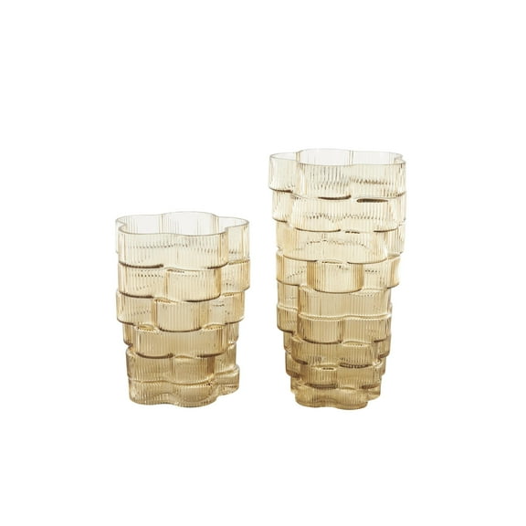 DecMode 12", 9"H Floral Ribbed Stacked Brown Glass Vase, Set of 2