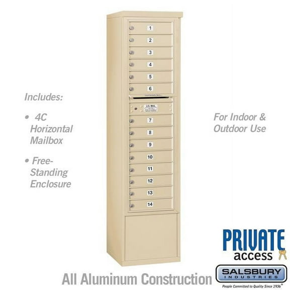 Salsbury Industries  17.75 x 72.125 x 18.5 in. Free-Standing 4C Horizontal Mailbox Unit - Front Loading - Private Access, Sandstone