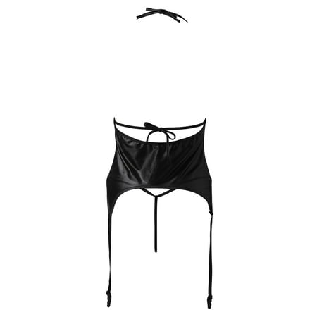 

Cathalem Rose Lingerie Set for Women Womens Wet Look Lingerie Leather Bodysuit Mesh Patchwork Halter Neck High Outfits for Women Underwear Black Small