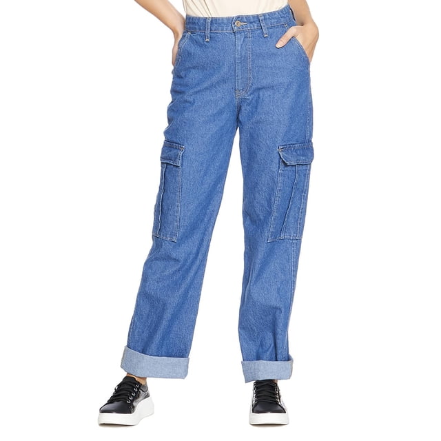 Pantalón Jeans Mom Tiro Alto Wide Leg Cargo Para Mujer Juvenil Cómodo 110109 azul 9 INCÃGNITA 110109