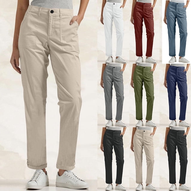 Women's Solid Color Elastic Waist Pants Mid Rise Tummy Smoothing with Belt Loops Casual Work Slacks for Office Travel or Daily Wear Versatile JASKFLY Red 3XL