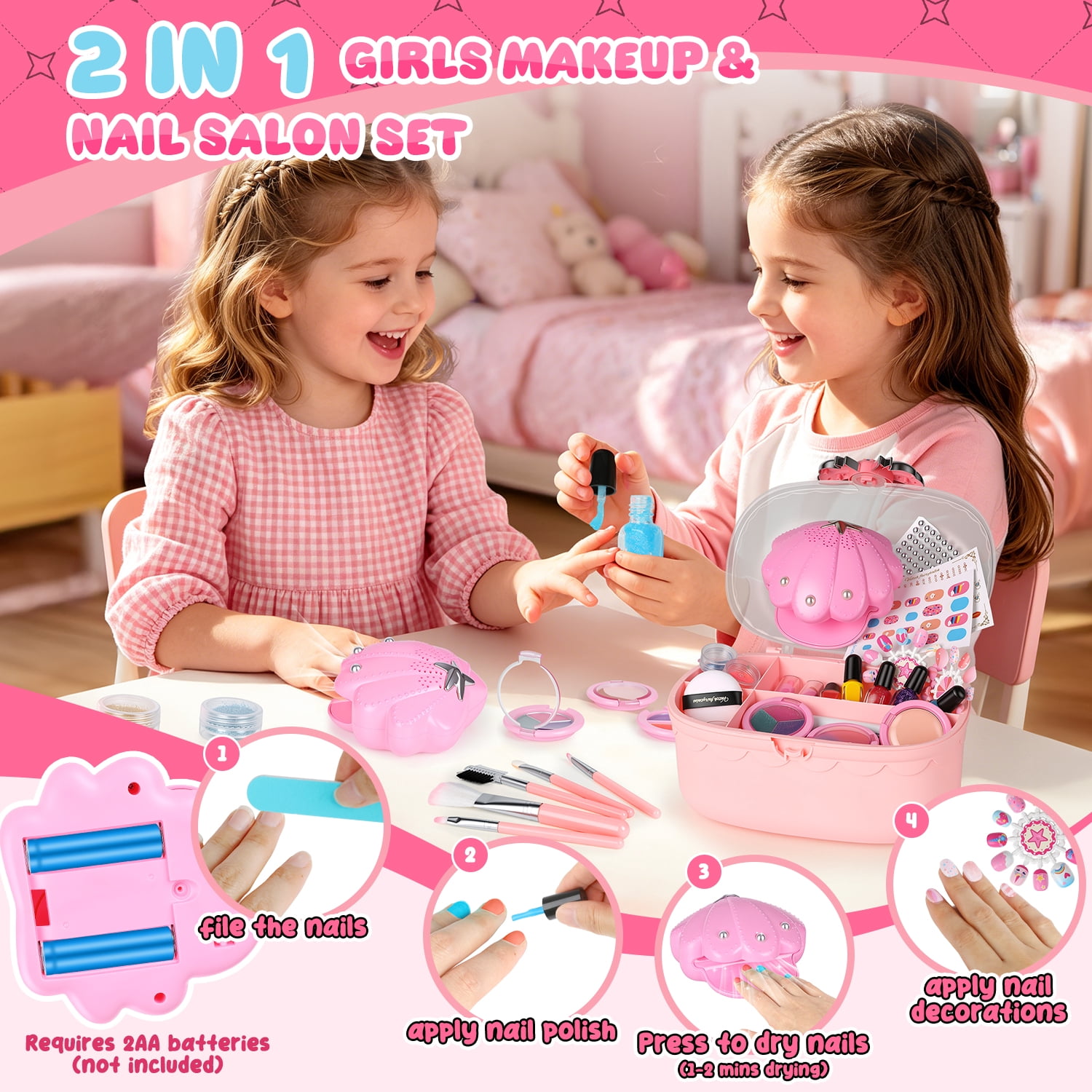 Flooyes Pretend Play Kids Colorful  Nail Toys Set, Shell Makeup Toy Kit for Little Girls Age 7-12 , Idea Birthday Gift for Kids 3-12