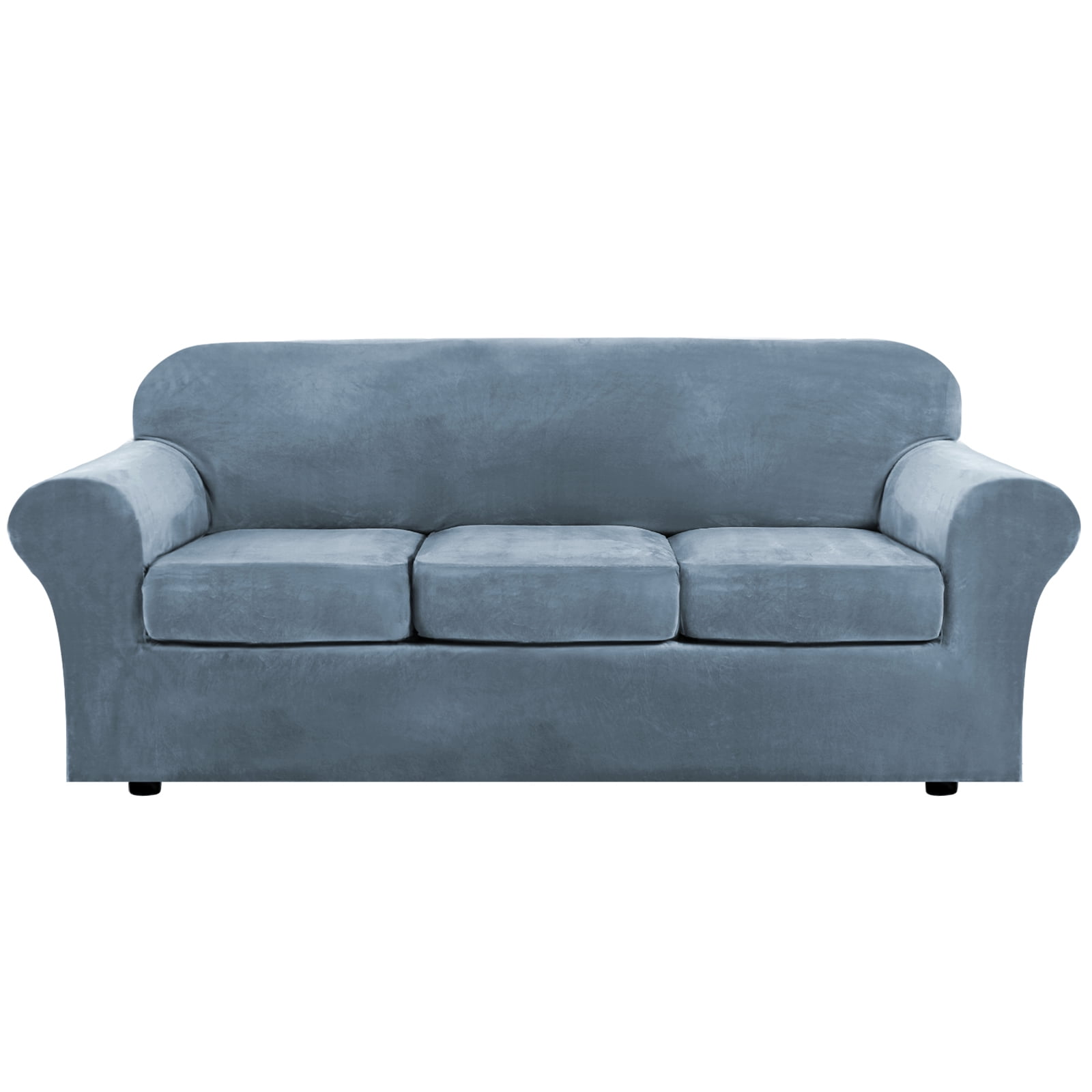 Stretch Velvet Plush Sofa Covers Couch Armchair Slipcover Protector with Cushion Covers, Grey Blue, For 2-Seater Loveseat