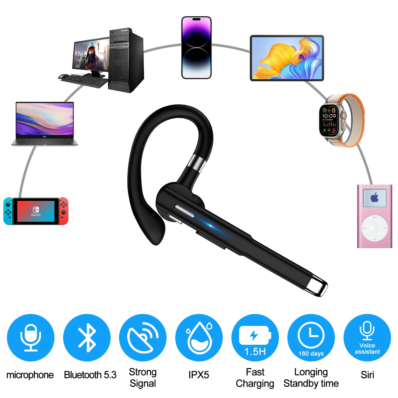 Bluetooth Headset,Wireless Bluetooth Earpiece for Cell Phone W 500mAh Charging Case 180Hrs Standby Time Built-in Microphone for iPhone,Android,Business Hands-Free Headphones for Truckers,Driver