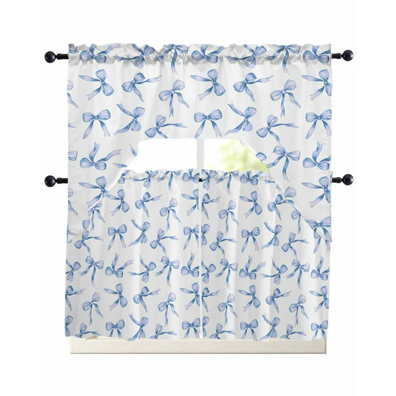 Purple Blue Bow Ribbon Kitchen Curtains Sets 36 Inch Length with Valance, Vintage Modern Art Bowknot Swag Valances and Tiers Curtain Set Drapes Swag Curtains for Living Room, Bathroom, Bedroom, Cafe