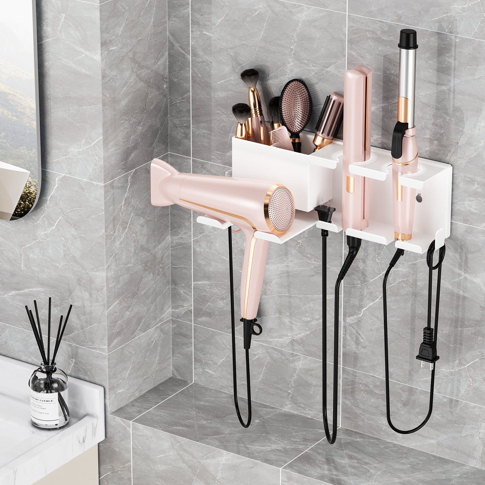 BOIVSHI Hair Dryer Holder Wall Mounted,Blow Dryer Holder for Bathroom, Metal Hair Dryer Rack, Muti-Function Hair Tool Organizer(White)