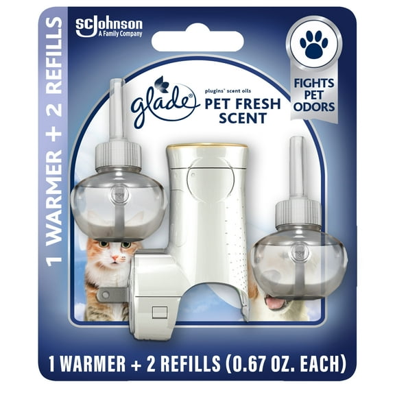 Glade PlugIns Refills Air Freshener Starter Kit, Scented and Essential Oils for Home and Bathroom, Pet Fresh Scent, Pet Odor-Fighting, 1.34 Fl oz, 1 Warmer 2 Refills