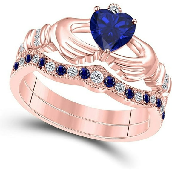 14K Rose Gold-Plated Crown Design Claddagh Bridal Set 1 CT Heart-Cut Blue Sapphire Engagement Ring with Curved Wedding Band 925 Sterling Silver Anniversary Gift For Women