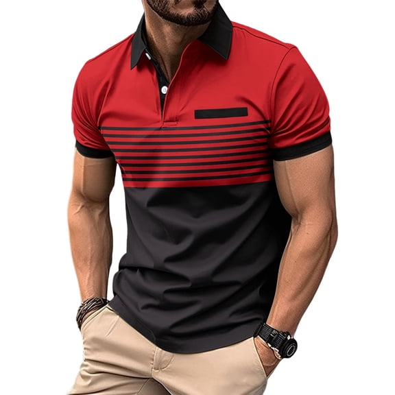 Mens Fashion Color Block Shirts Casual Short Sleeve T Shirt Striped Moisture Wicking Golf Shirts Tops Red M