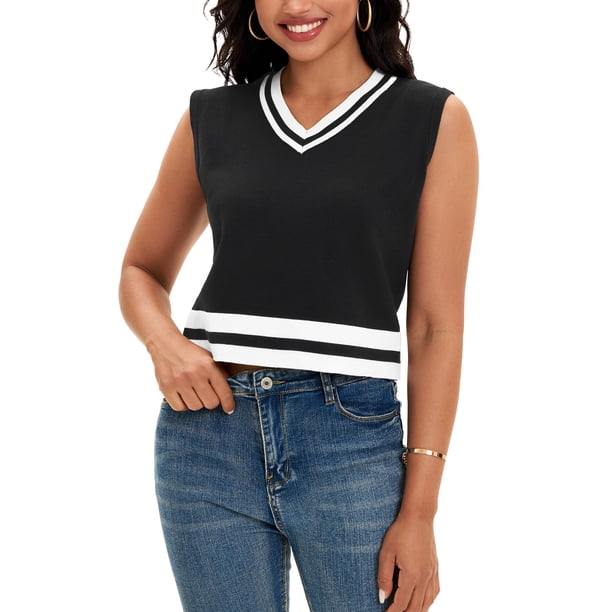 ATHLECHIC Camisetas sin mangas de punto de verano para mujer, color bloque, cuello en V, L, negro y blanco