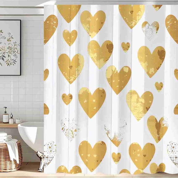 70x70 inch White and Gold Metallic Heart Shower Curtain, Waterproof Polyester Fabric with Hooks for Bathroom Decor