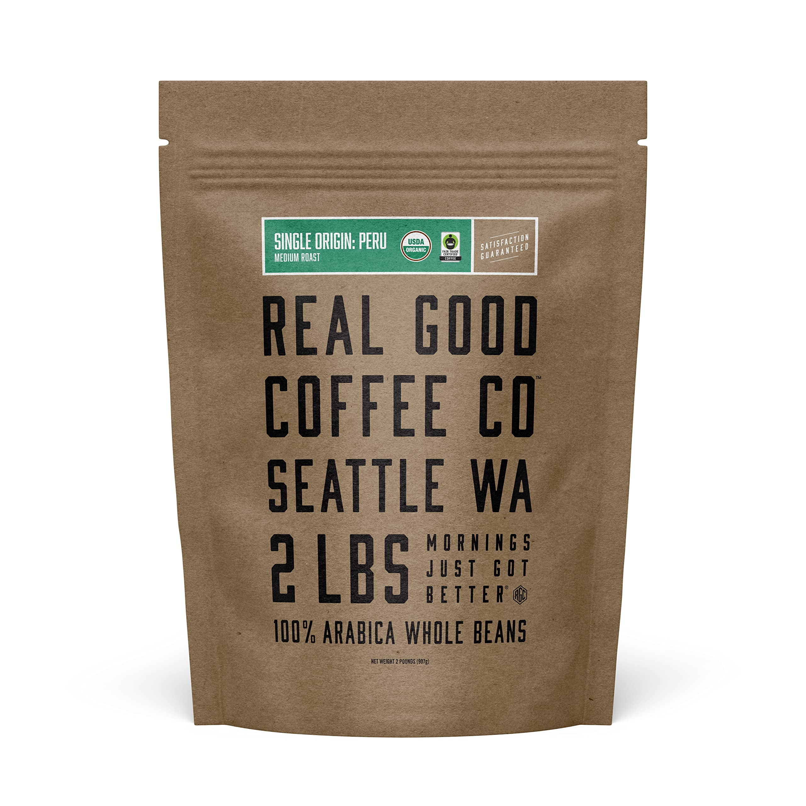Real Good Coffee Company - Whole Bean Coffee - Organic Single Origin: Peru Medium Roast Coffee Beans - 2 Pound Bag - 100% Whole Arabica Beans - Grind at Home, Brew How You Like