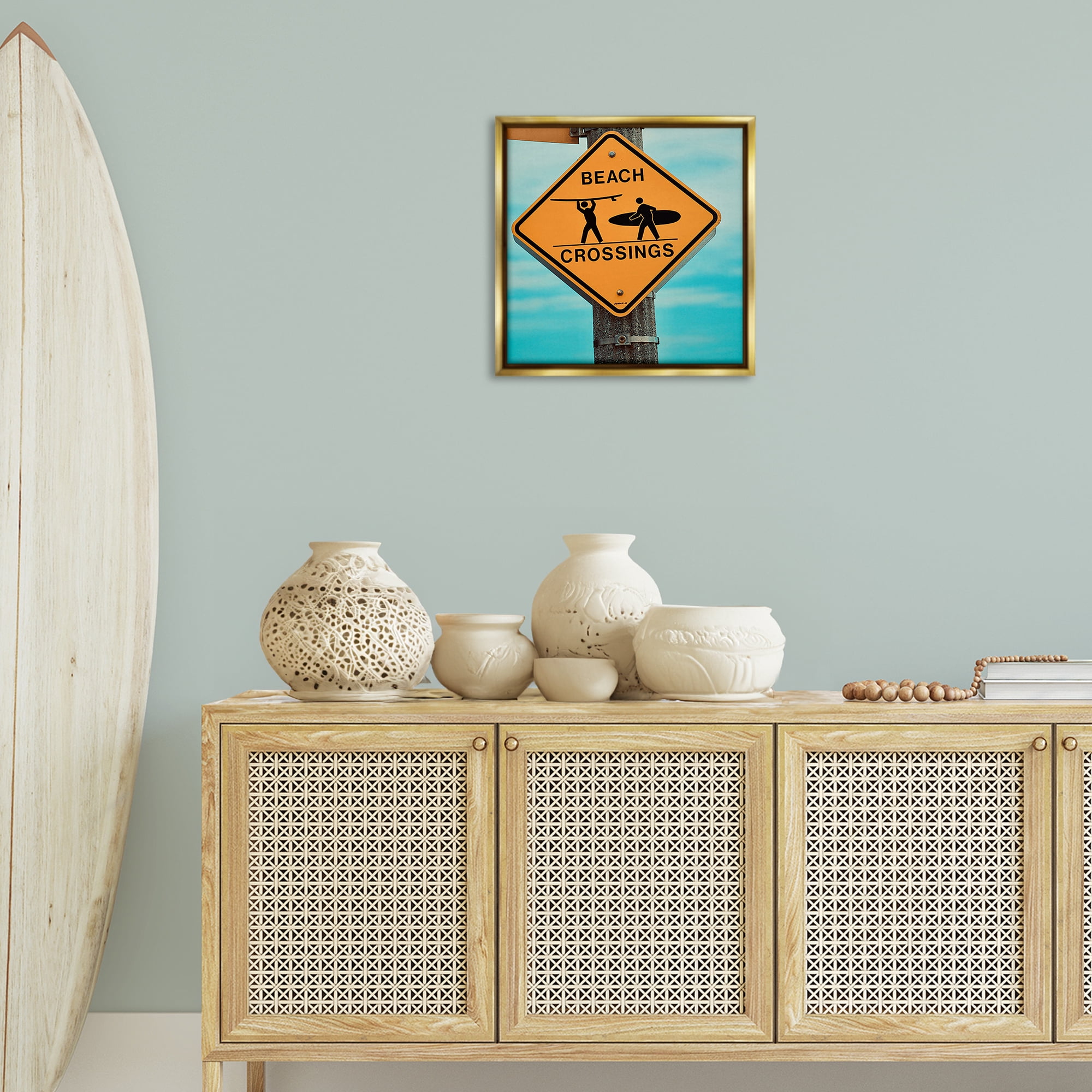 Stupell Industries Beach Crossing Sign Nautical & Beach Photography Gold Floater Framed Canvas Art Print Wall Art, 18 x 18