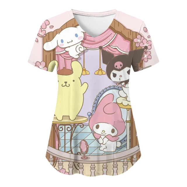 RWJDXD RWJDXD Uniforme d'Infirmière, Blouses Hello Kitty pour Femmes, Imprimé Cartoon, Manches Courtes, Poches, Uniformes Médicaux