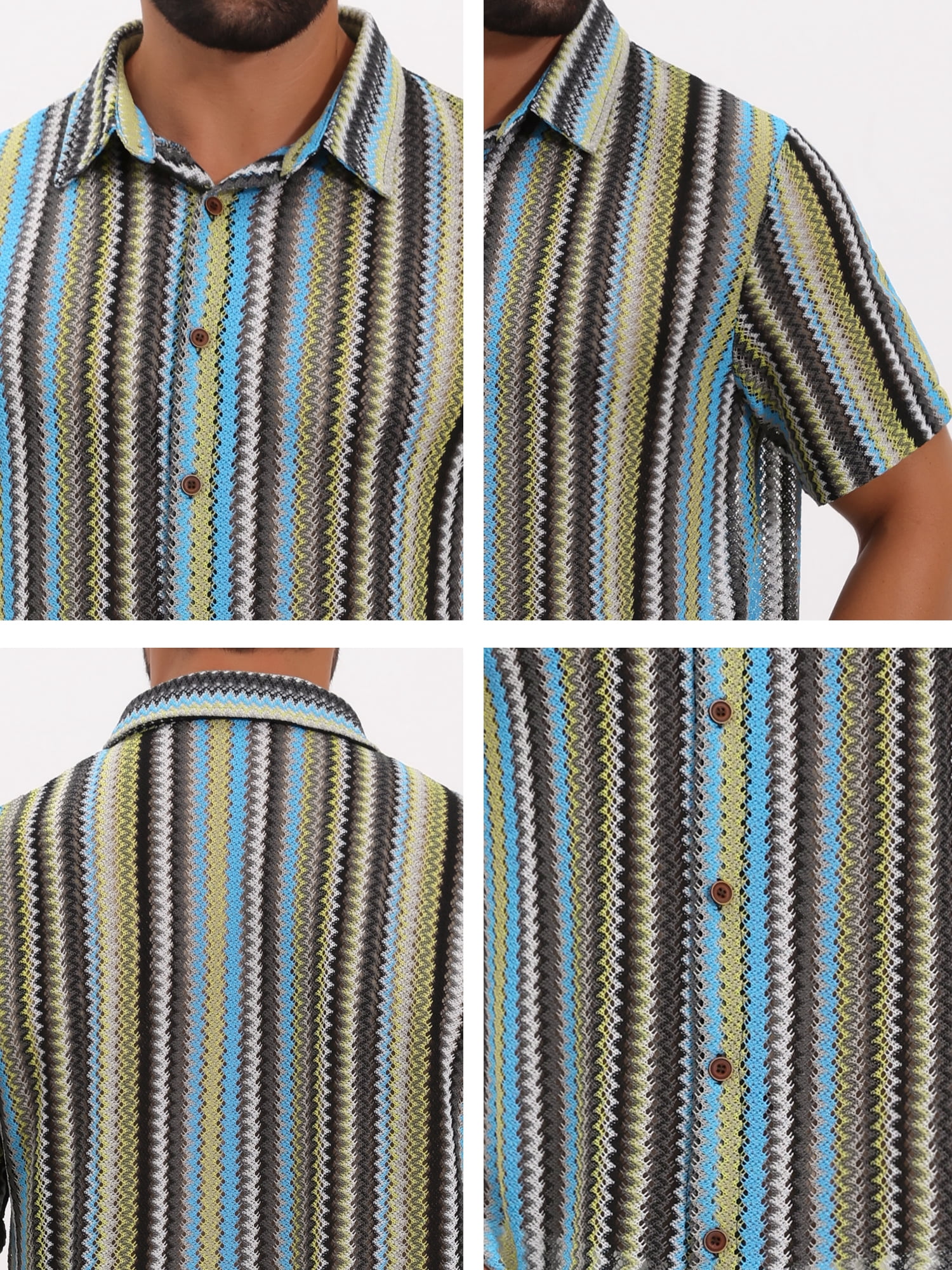 DARING DIVA Men's Striped Short Sleeve Button Down See Through Shirts XL Blue Green