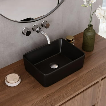 DeerValley Black Vessel Sink Rectangular, 16" x 12" Black Bathroom Vessel Sink Above Counter Porcelain Ceramic Top Mount Rectanglar Sink Countertop Vanity Art Basin for Bathroom