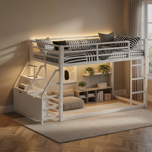 Twin over Twin Bunk Bed with LED Lights, Storage Shelves & Drawers, Space-Saving Metal Frame, White