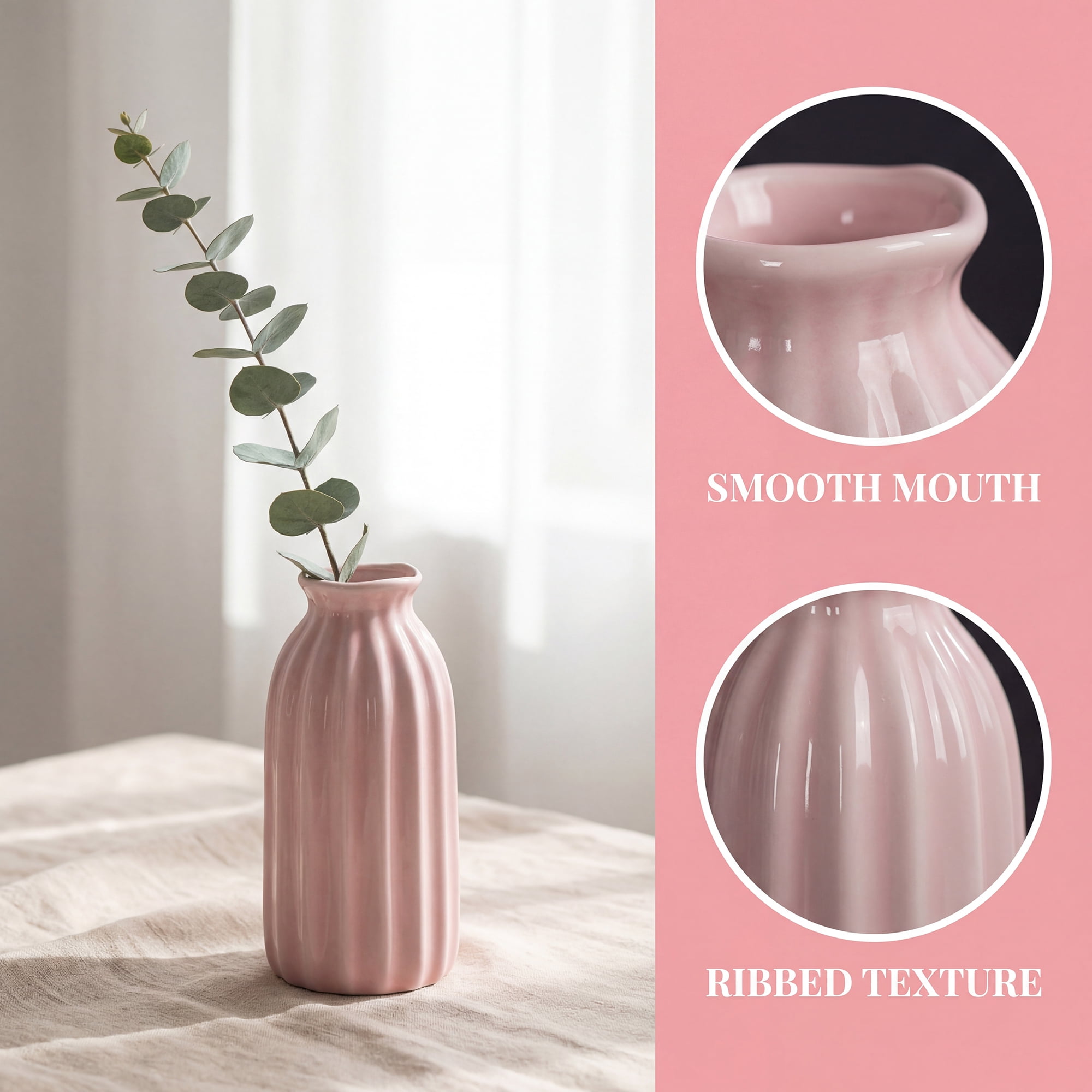 Unique Bargains Small Ceramic Vase Matte Ribbed Decorative Flower Vase for Bathroom Pink