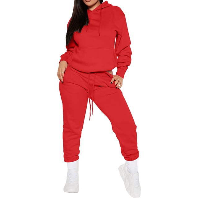 UKAP Ladies Two Piece Outfit Drawstring Sweatsuits Long Sleeve Jogger Set Casual Jogging Tracksuit Sets Red L